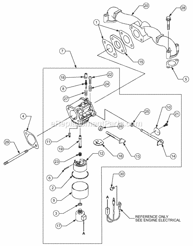 Carburetor/Intake Manifold Diagram and Parts List for 1529 13A-261H100 Cub Cadet Lawn Tractor